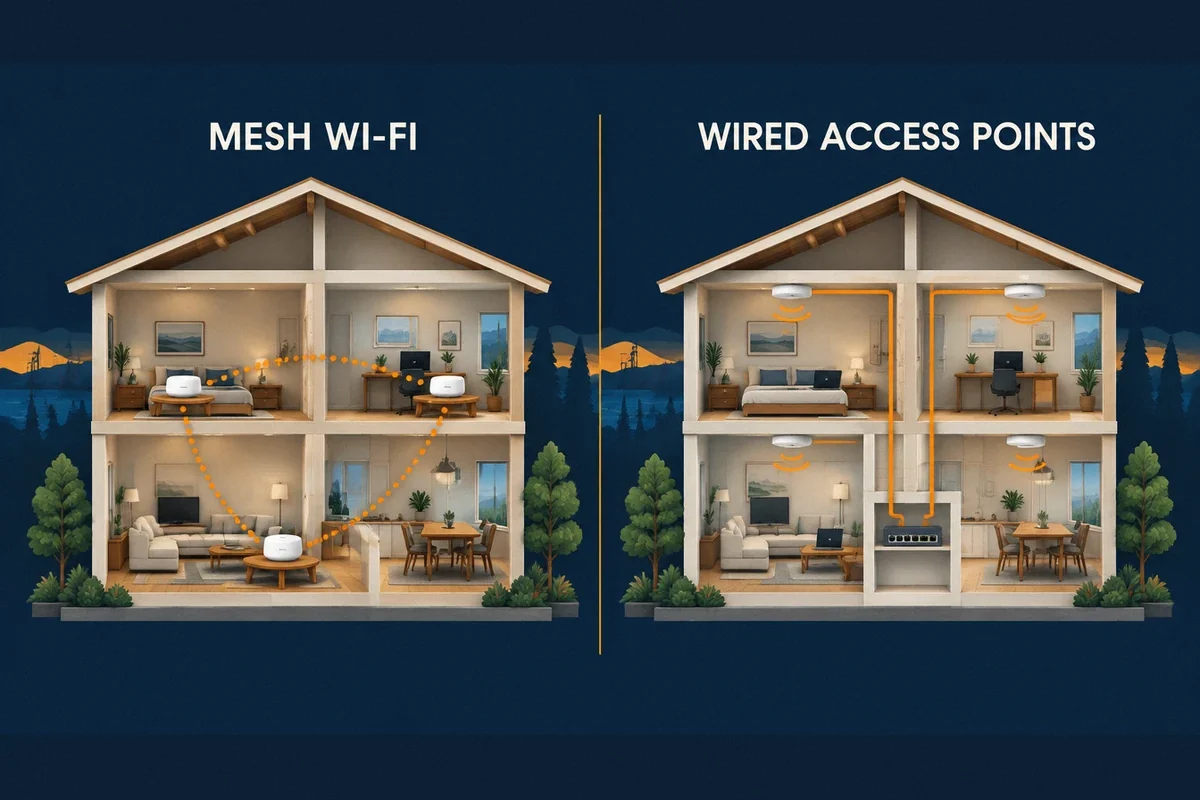 Conceptual illustration comparing wireless links between mesh Wi-Fi units with Ethernet connections to ceiling-mounted access points