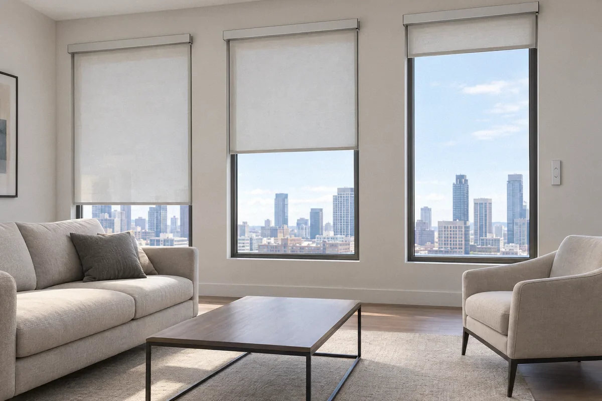 AI-generated illustration of motorized window shades in a living room