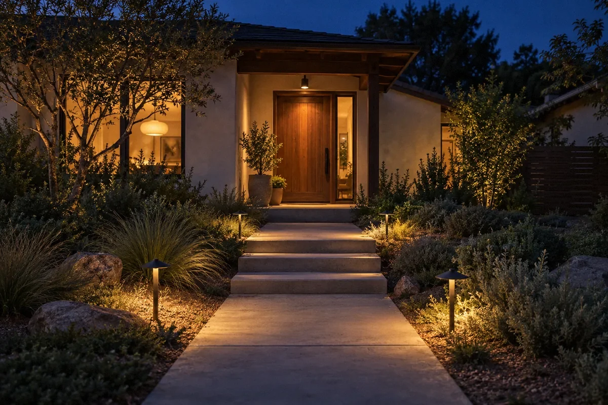 AI-generated illustration of low-level path lighting outside a home