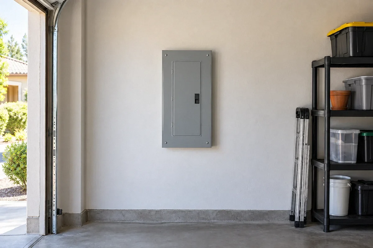 AI-generated illustration of one closed electrical panel on a finished garage wall with concealed connections