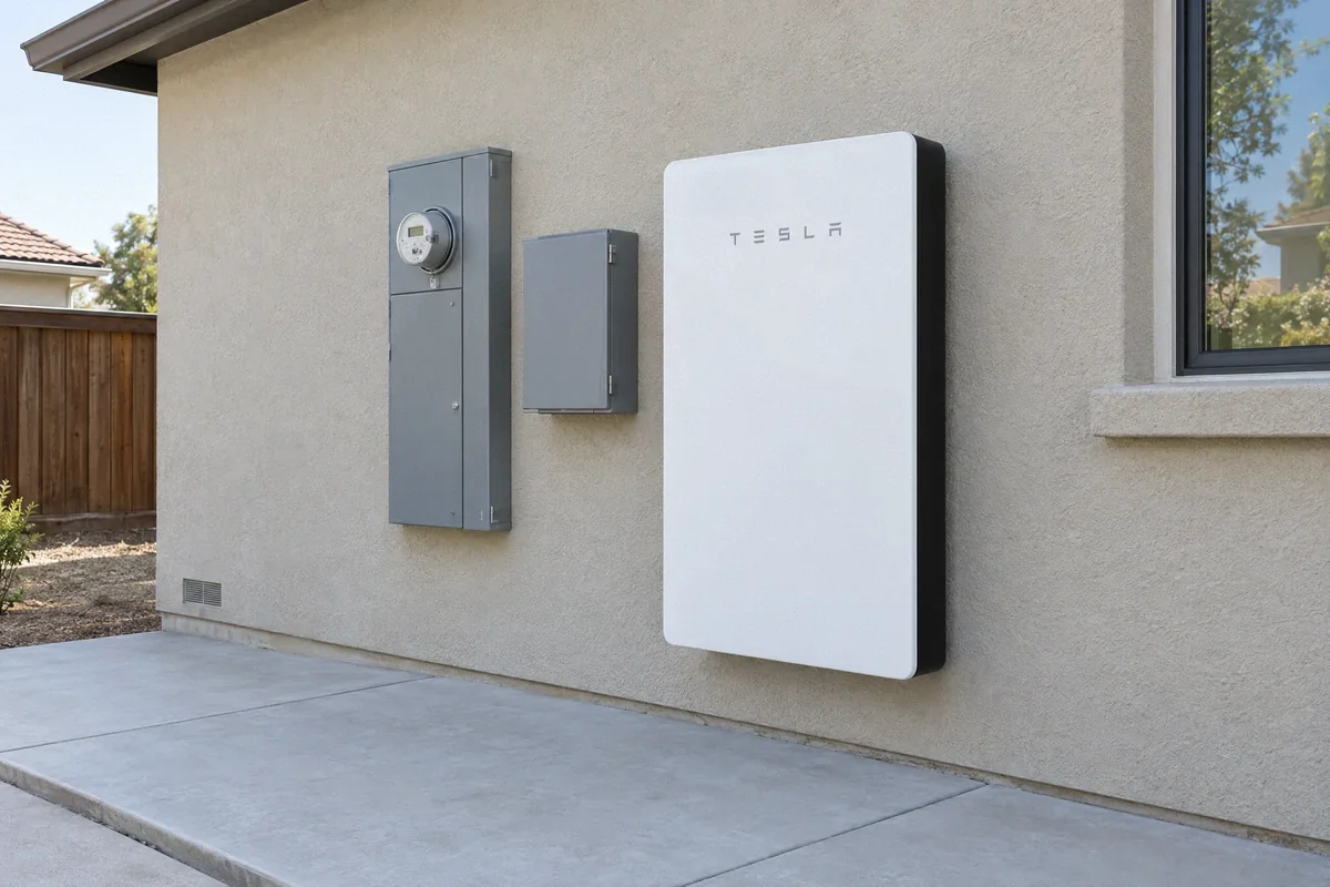 Illustration of a Tesla Powerwall battery beside a utility meter, service panel, and gateway