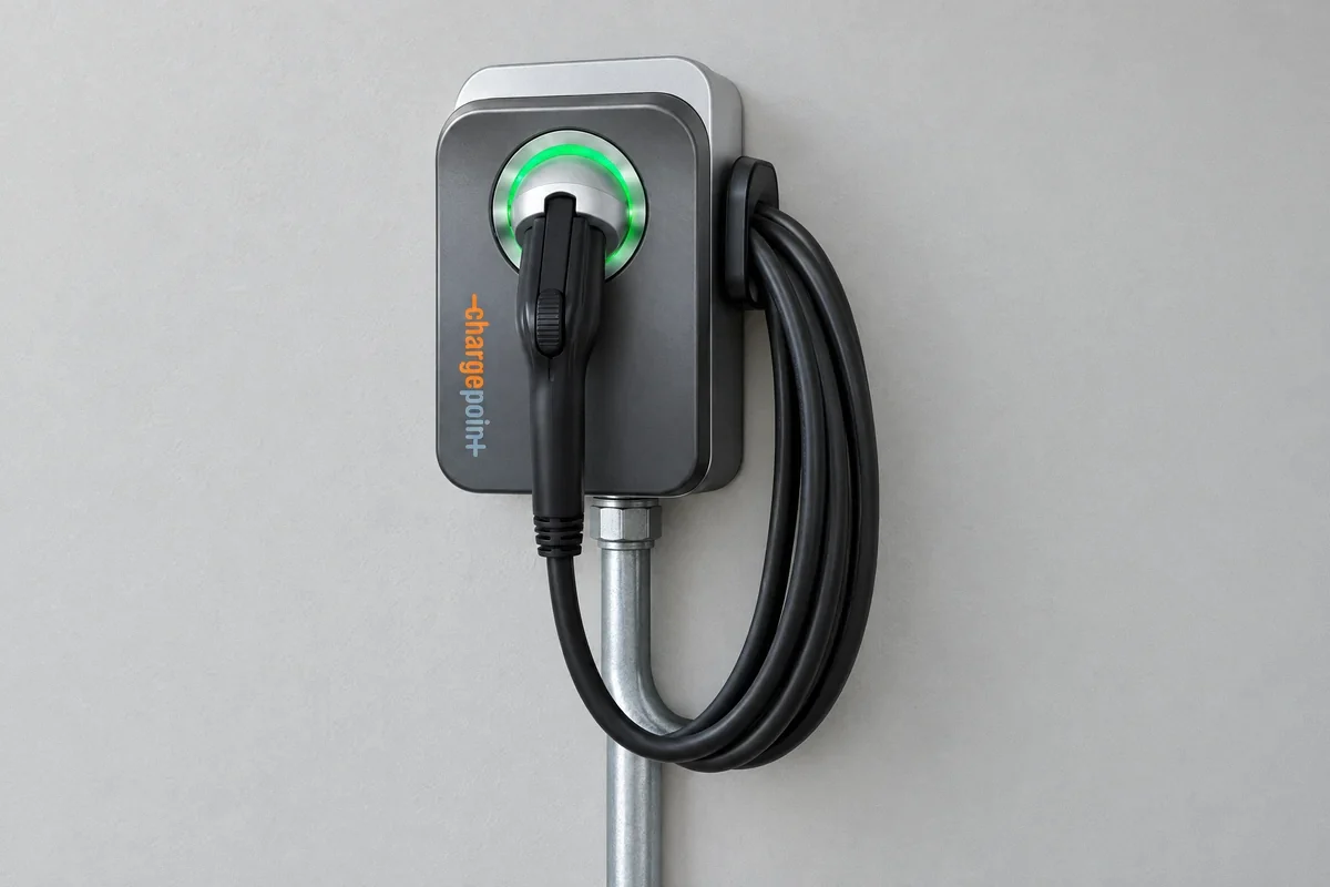 Illustration of a hardwired ChargePoint charger connected through metal conduit