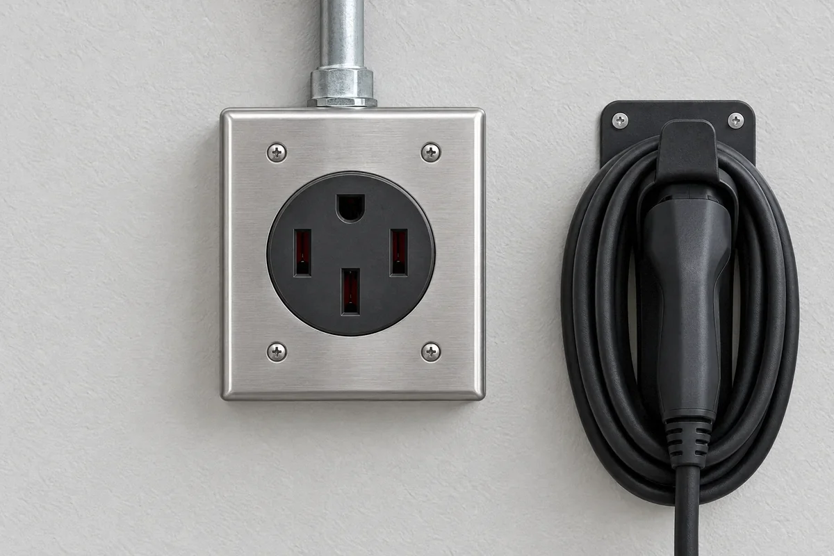 Illustration of a NEMA 14-50 receptacle with four slots in a metal cover plate