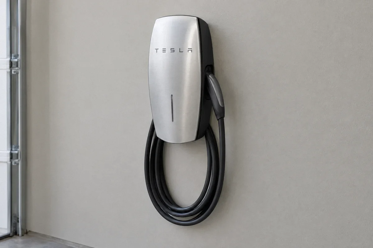 Illustration of the silver Tesla Gen 2 Wall Connector with its charging handle and cable