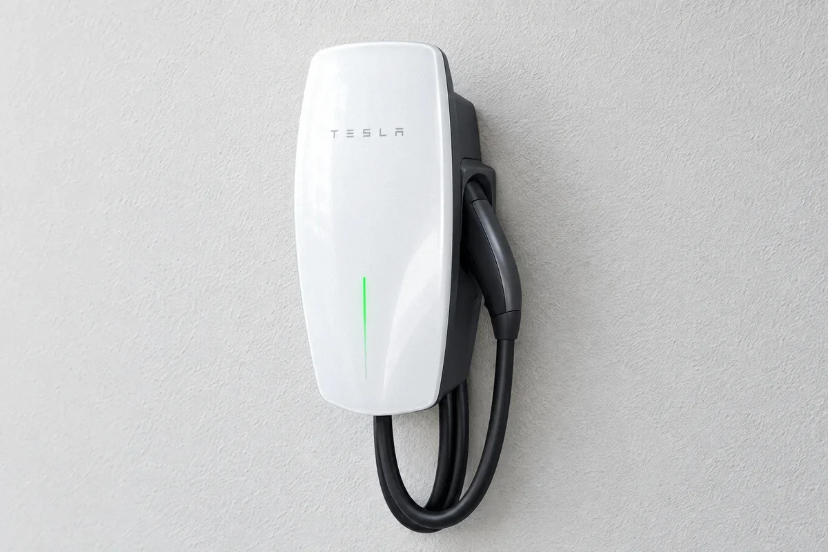 Illustration of a Tesla Universal Wall Connector showing its integrated adapter dock