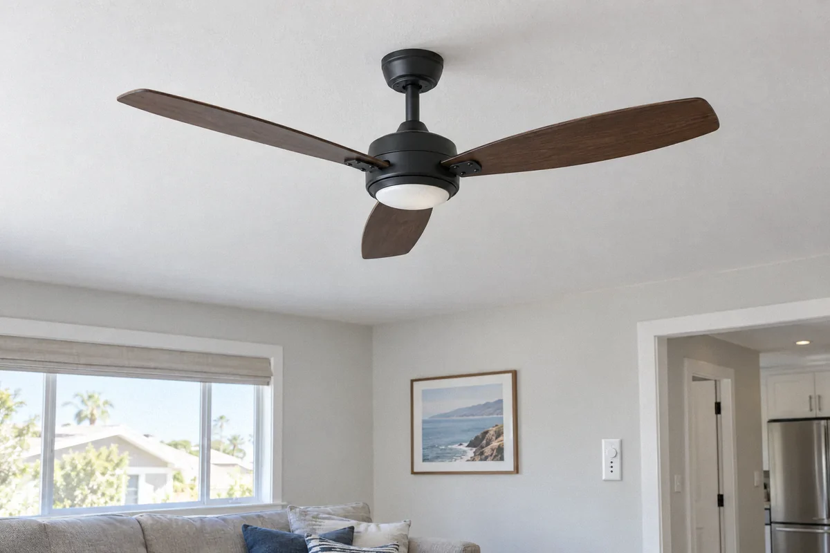 Illustration of a ceiling fan with an integrated light in a living room