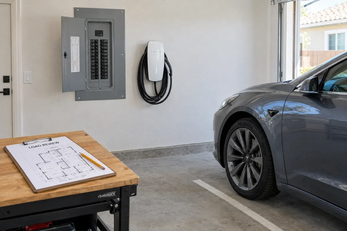 Illustration of a garage panel, EV charger, and load-review plan