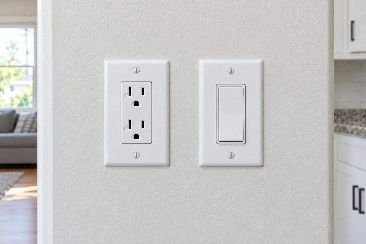 Illustration of a residential duplex outlet and paddle light switch