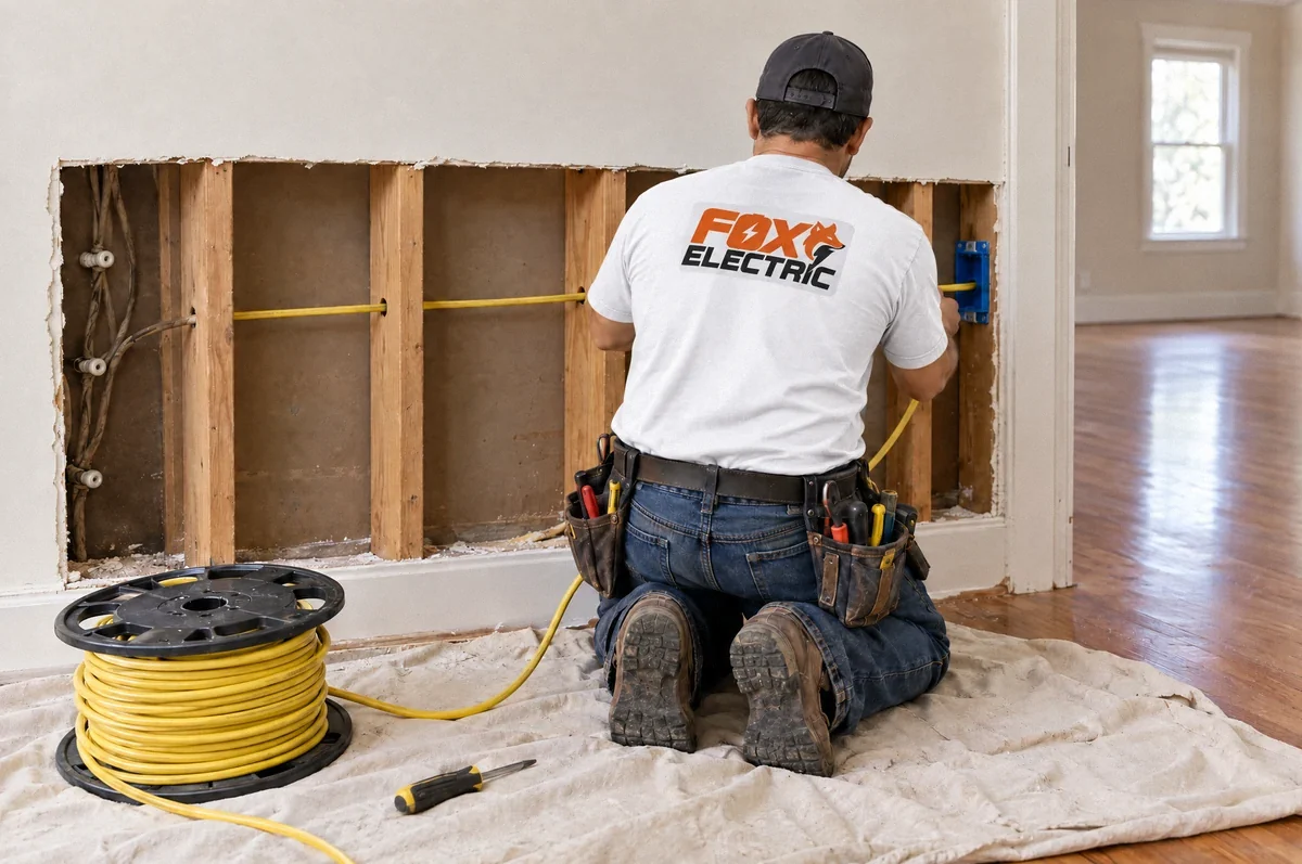 Illustration of an electrician in a white Fox Electric shirt rewiring an opened drywall wall