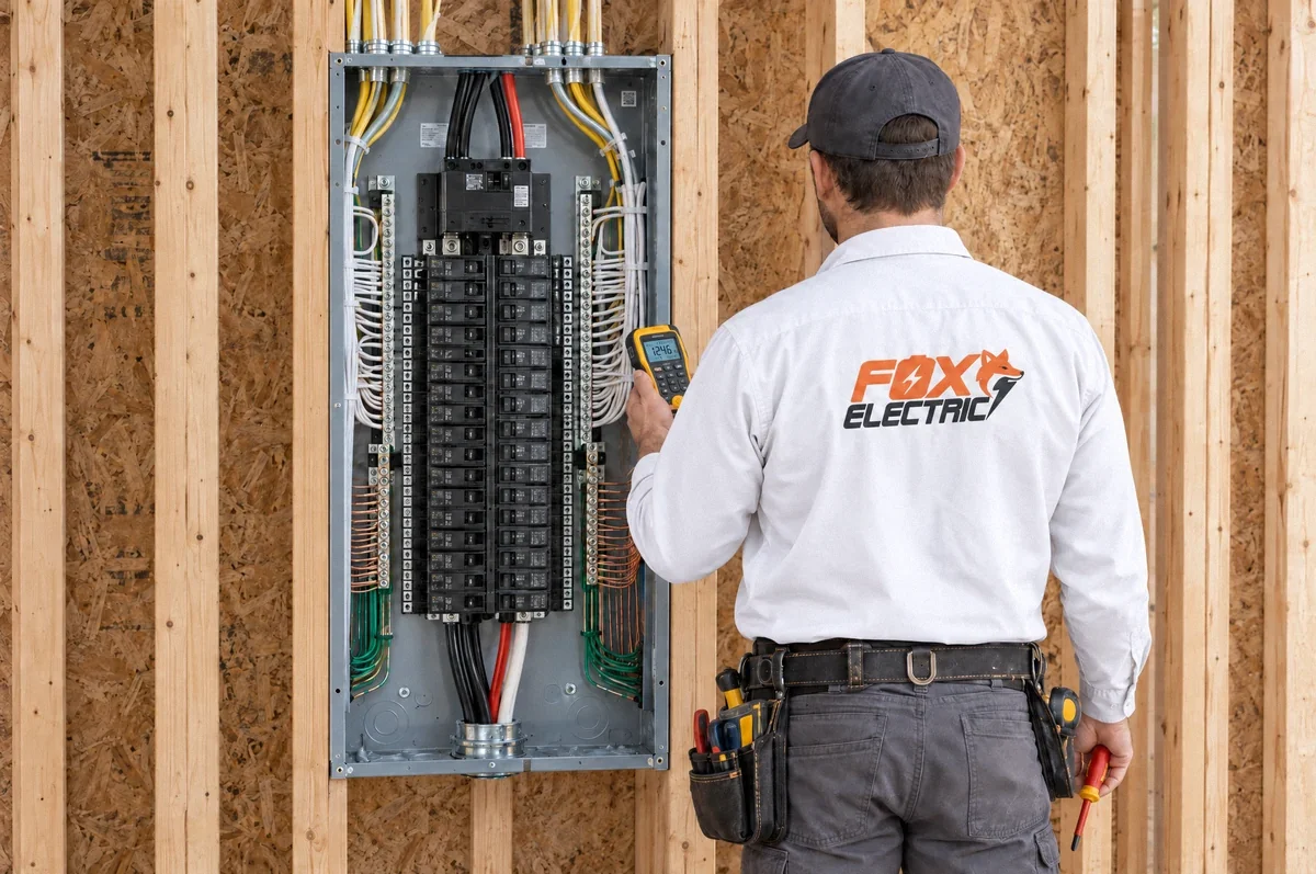 Illustration of an electrician in a white Fox Electric shirt holding a tester and screwdriver beside an open residential panel