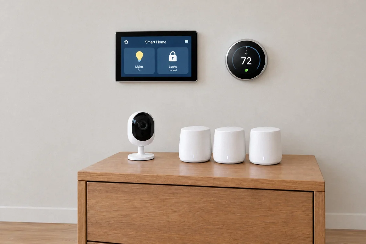 Illustration of a smart-home controller, thermostat, camera, and mesh Wi-Fi equipment