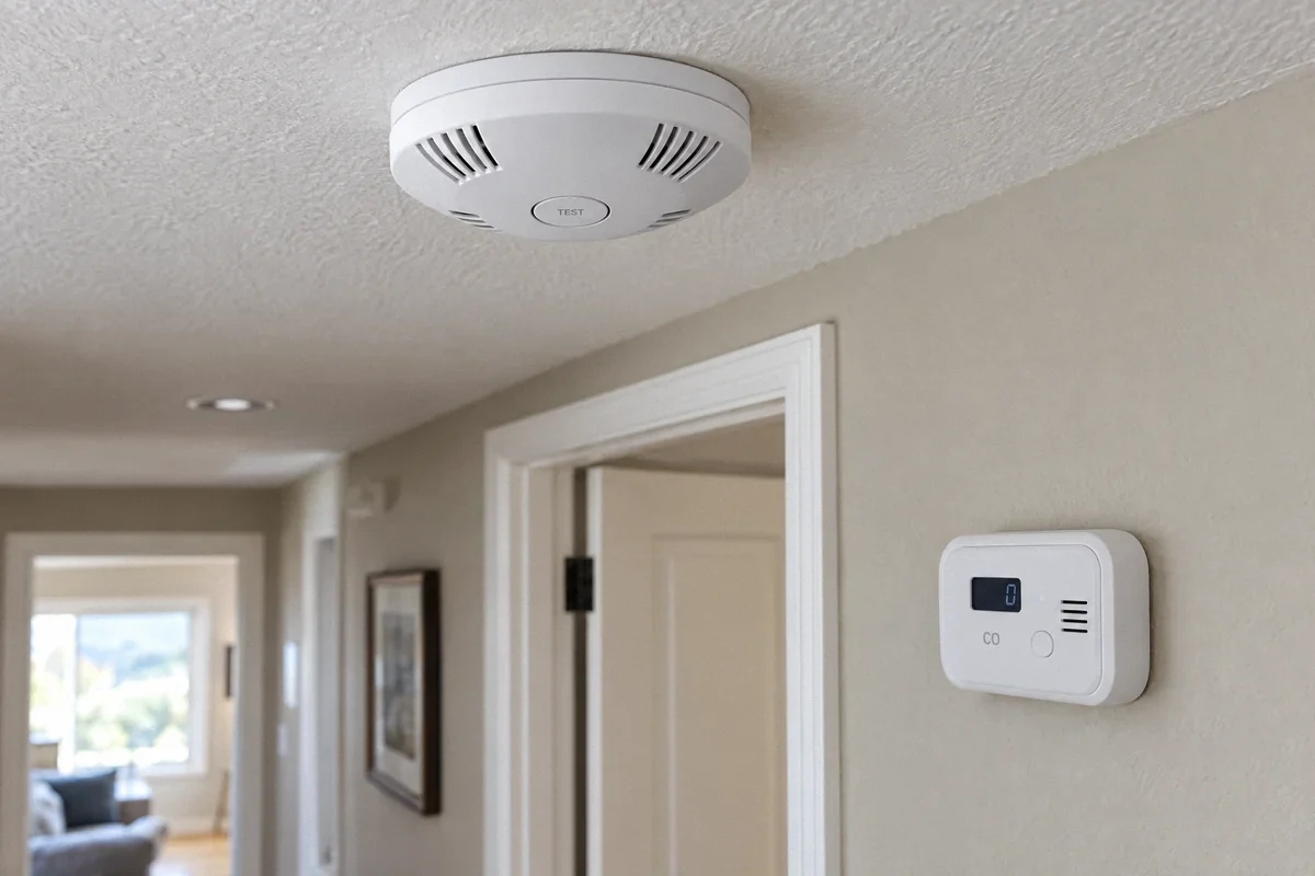 Illustration of a ceiling smoke alarm and wall-mounted carbon monoxide alarm