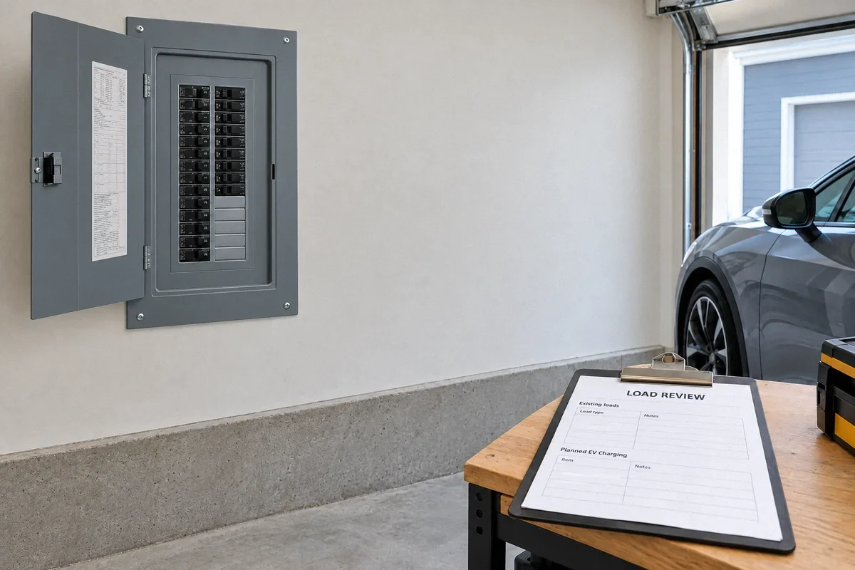 Illustration of a panel with covered spare spaces and a load-review worksheet for future EV charging