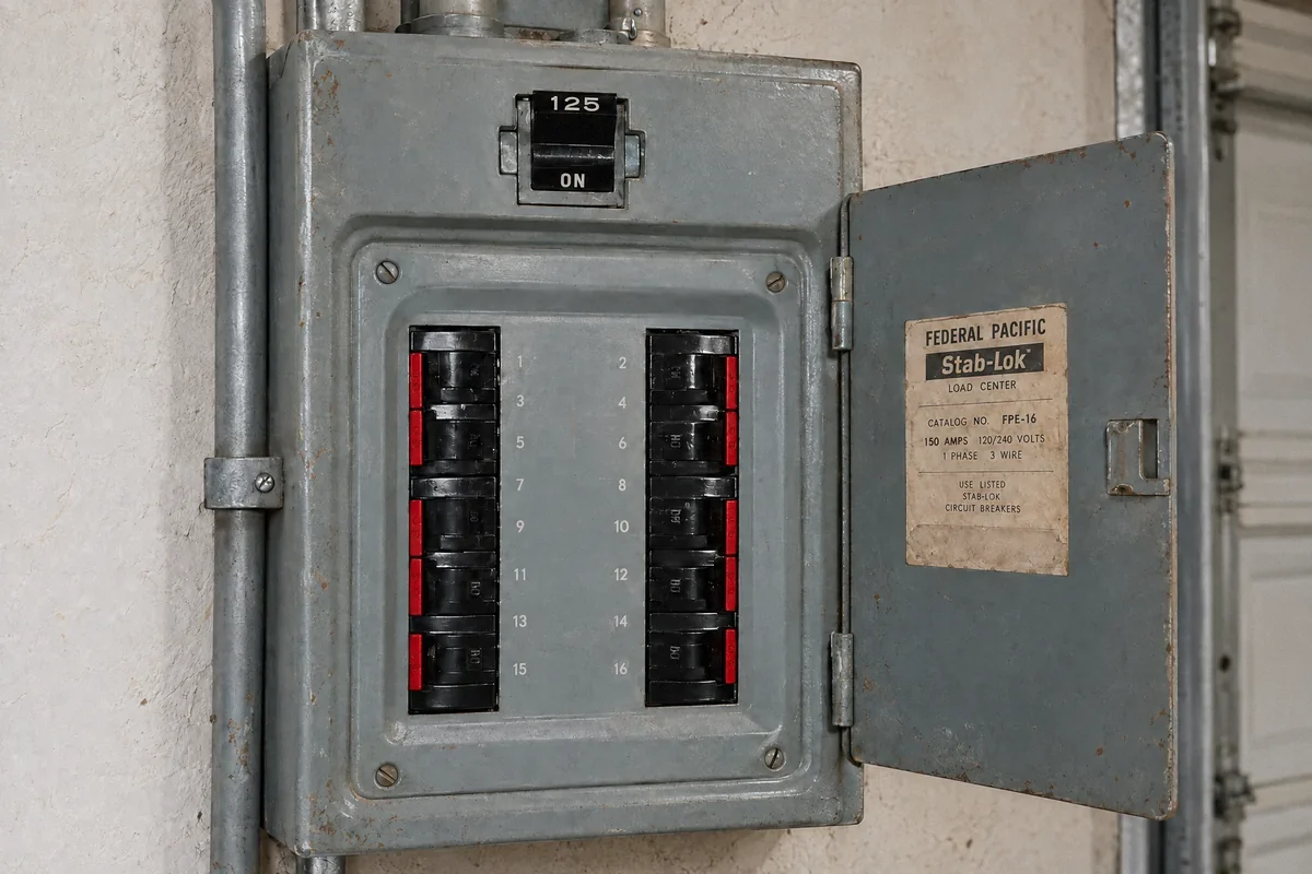 Illustration of an older Federal Pacific Stab-Lok panel with red-ended breaker handles
