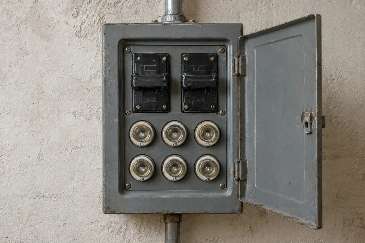Illustration of an older fuse box with round screw-in fuses and pull-out fuse blocks