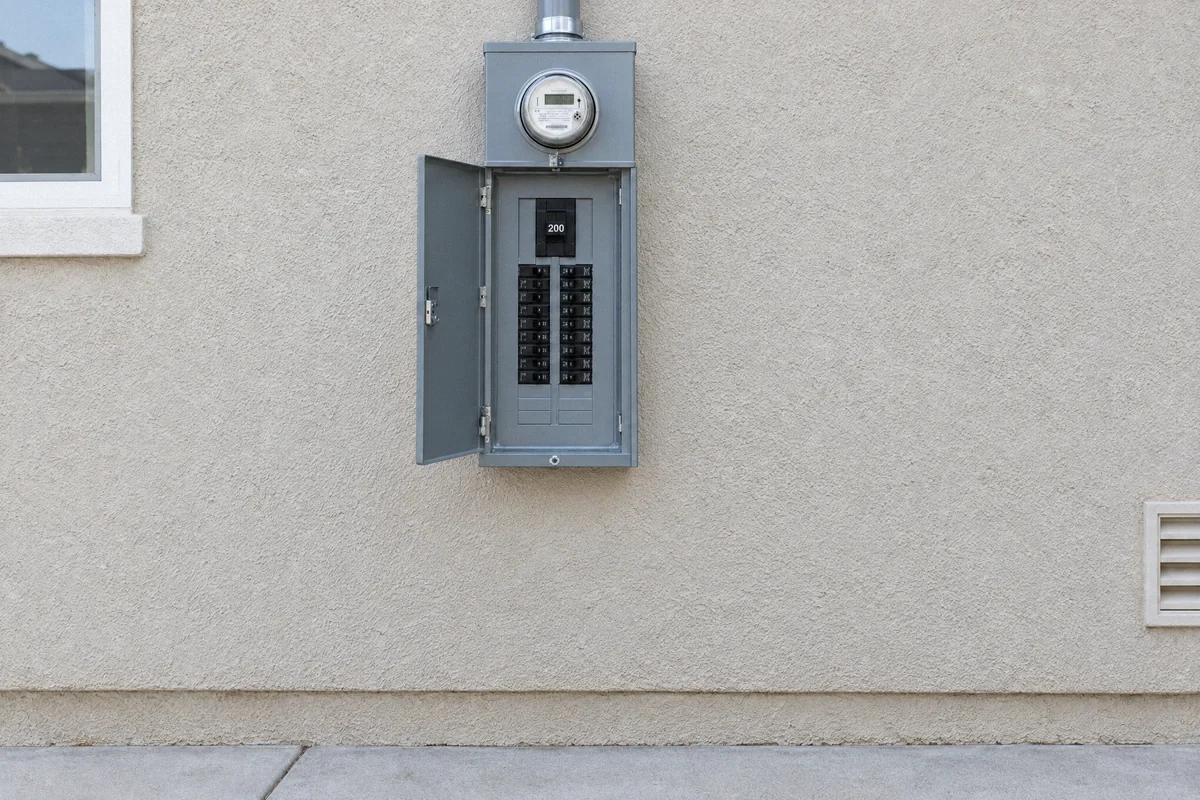 Illustration of a wall-mounted 200-amp meter-main service assembly above ground level