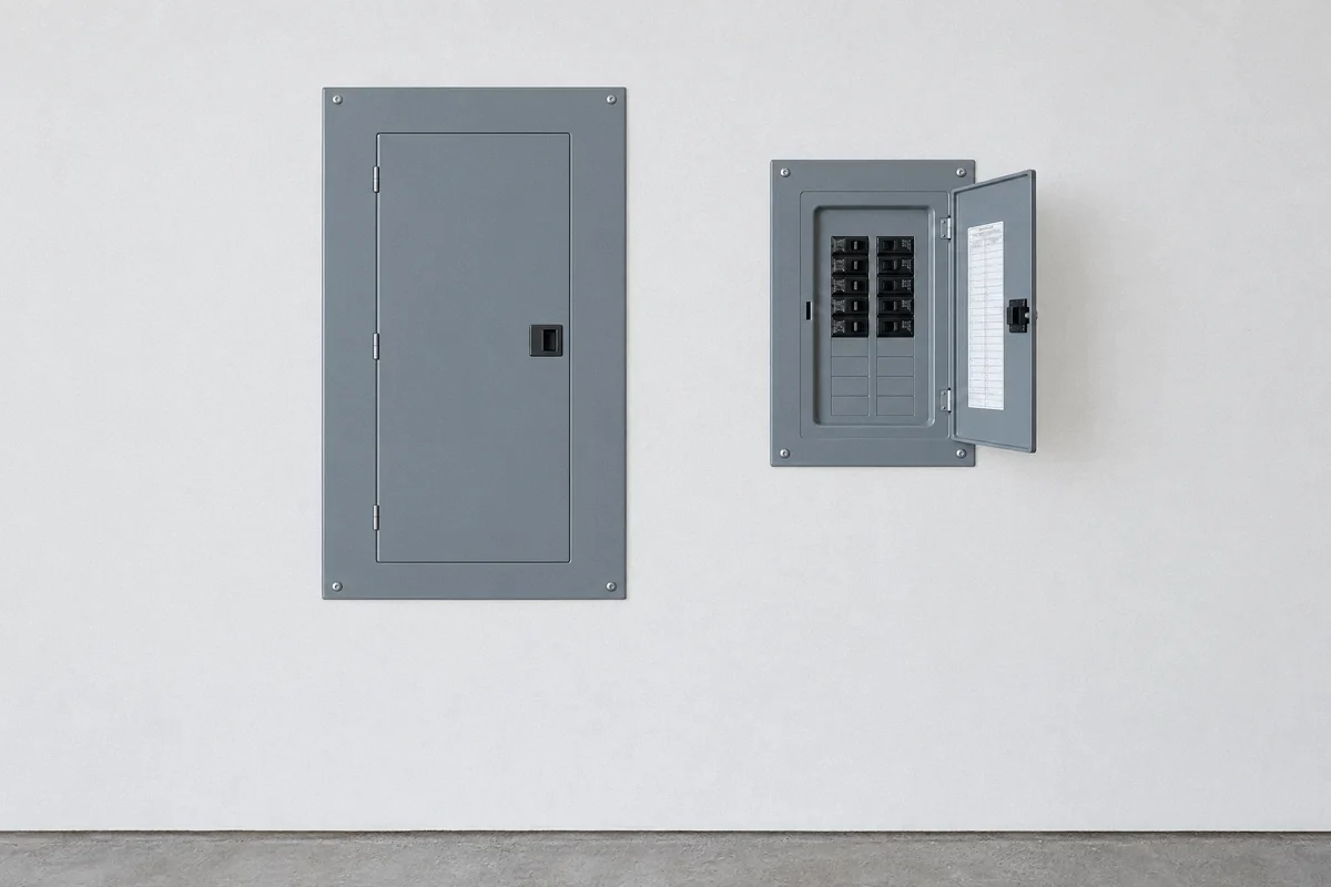 Illustration of a main panel and smaller subpanel with wiring concealed inside the wall