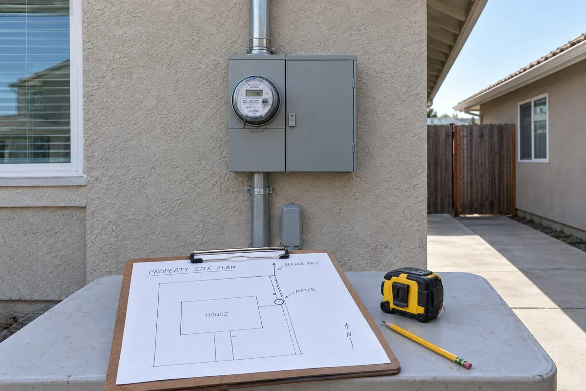Illustration of an electricity meter and property site plan for utility coordination