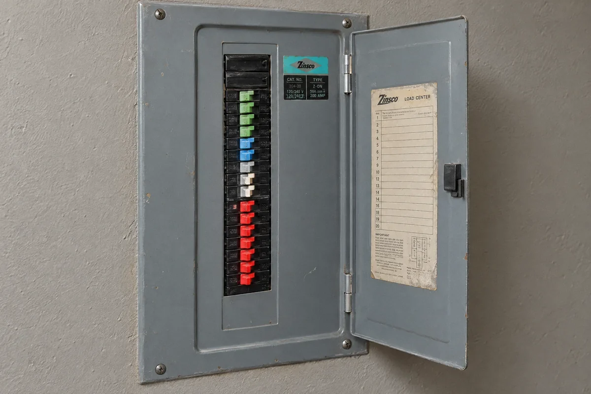 Illustration of an older Zinsco panel with characteristic colored breaker handles