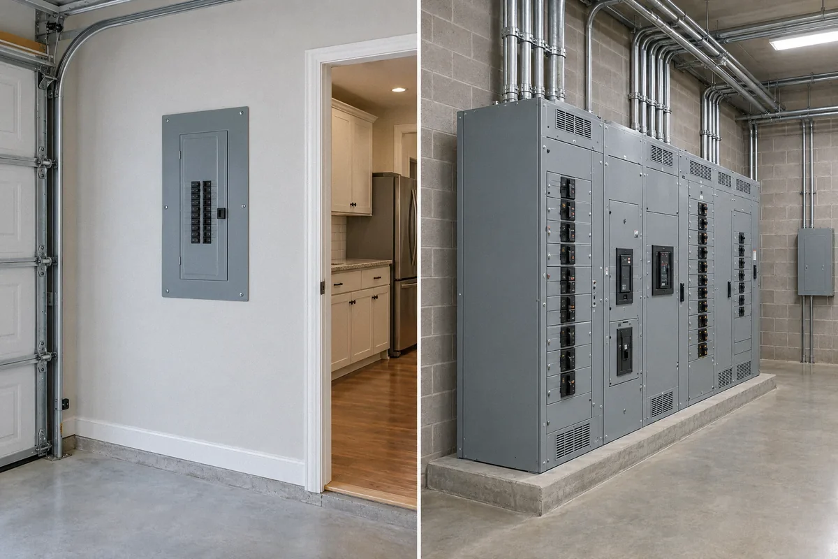Illustration comparing a residential breaker panel with commercial distribution equipment