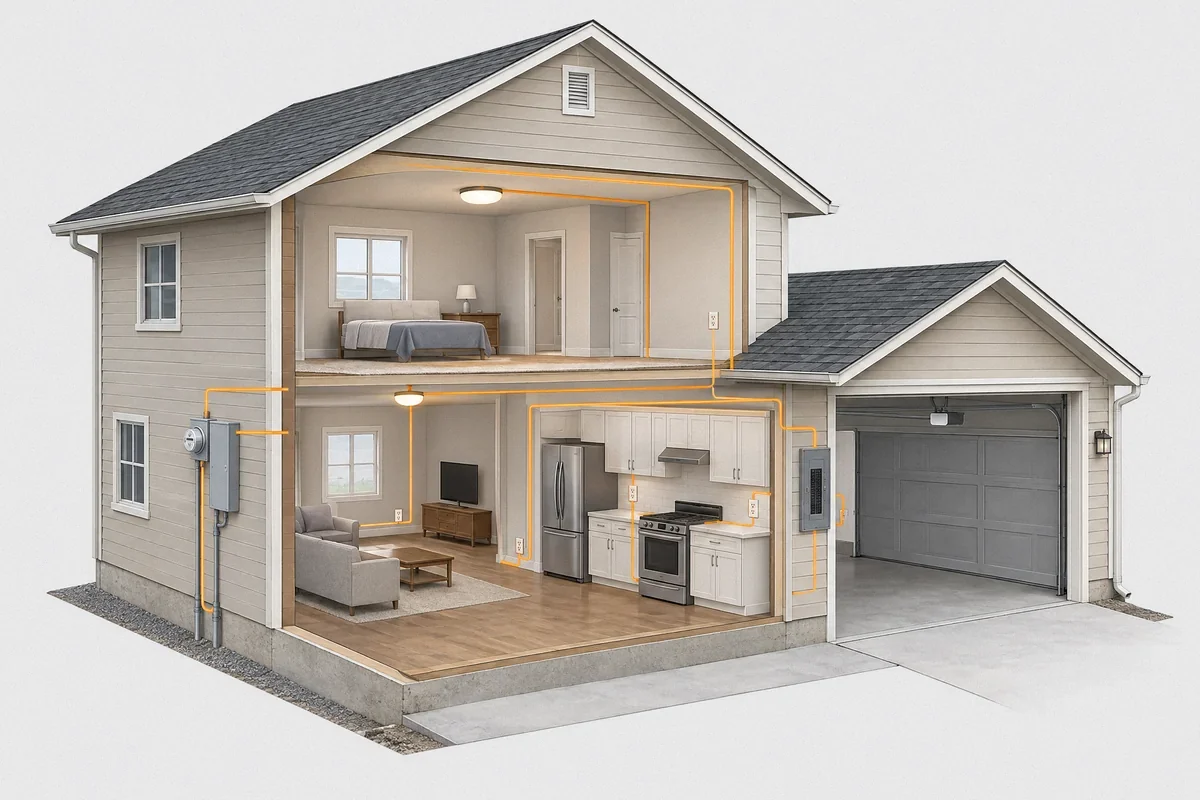 Conceptual cutaway illustration of a home showing service equipment, a panel, lighting, outlets, and appliances