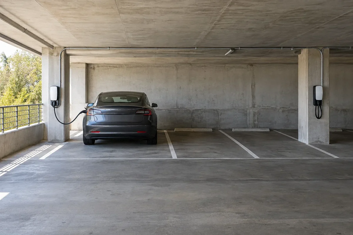 AI-generated illustration of electric vehicle charging spaces in a shared residential garage
