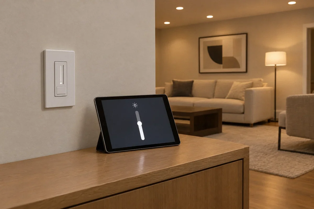 AI-generated illustration of a smart wall dimmer controlling living-room lighting