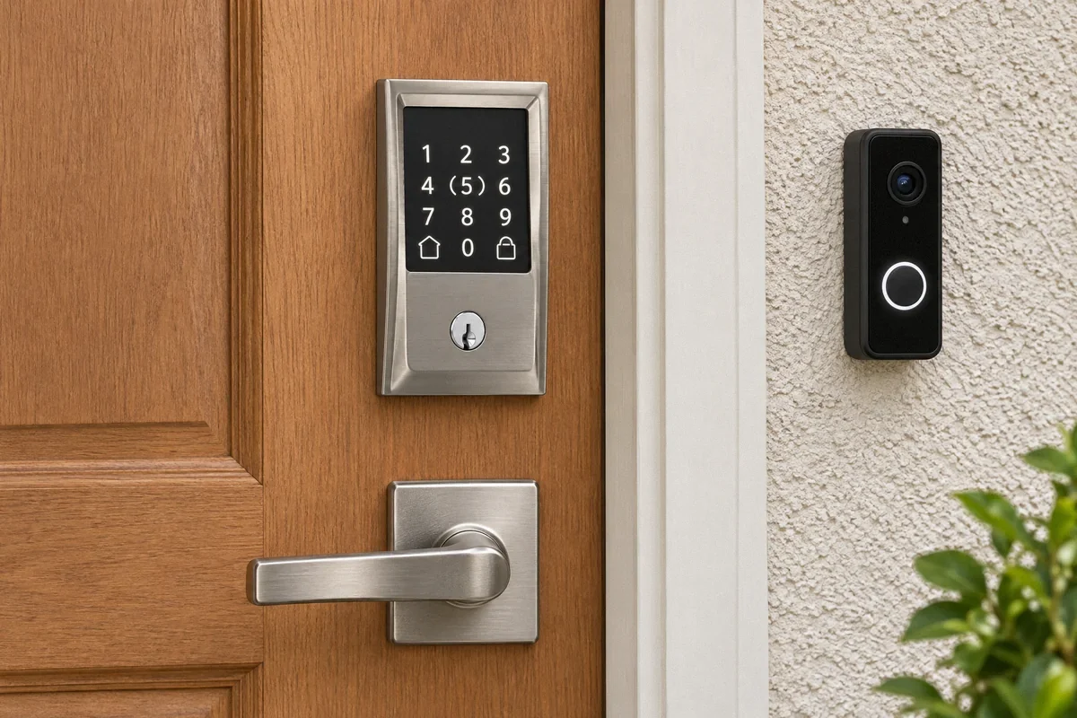 AI-generated illustration of a keypad smart deadbolt on an entry door with a video doorbell beside the frame