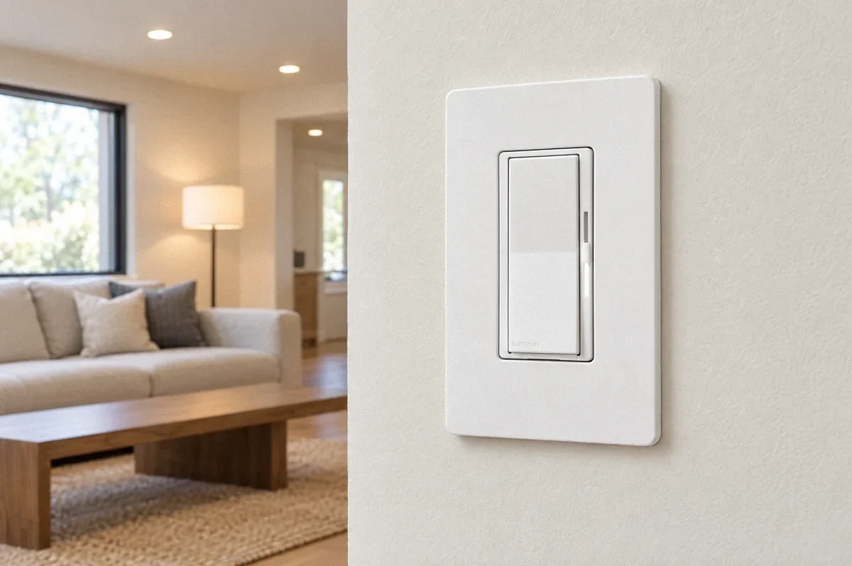 Illustration of a Lutron Diva smart dimmer with its side slider beside a lighted living room