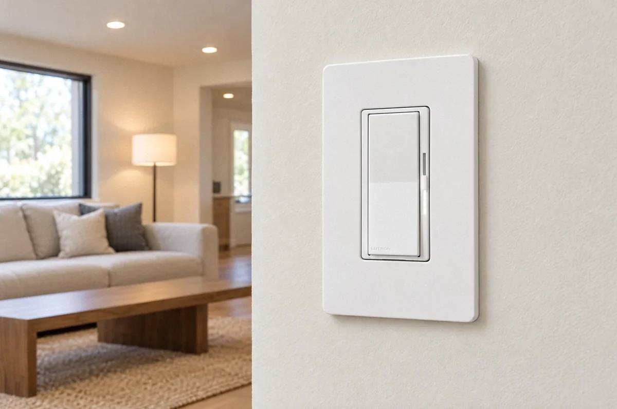 Illustration of a Lutron Diva smart dimmer with its side slider beside a lighted living room