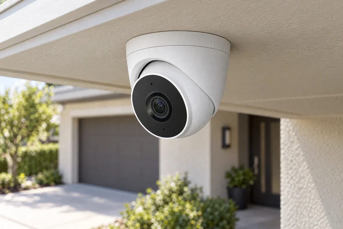 AI-generated illustration of a wired turret security camera mounted beneath a house eave
