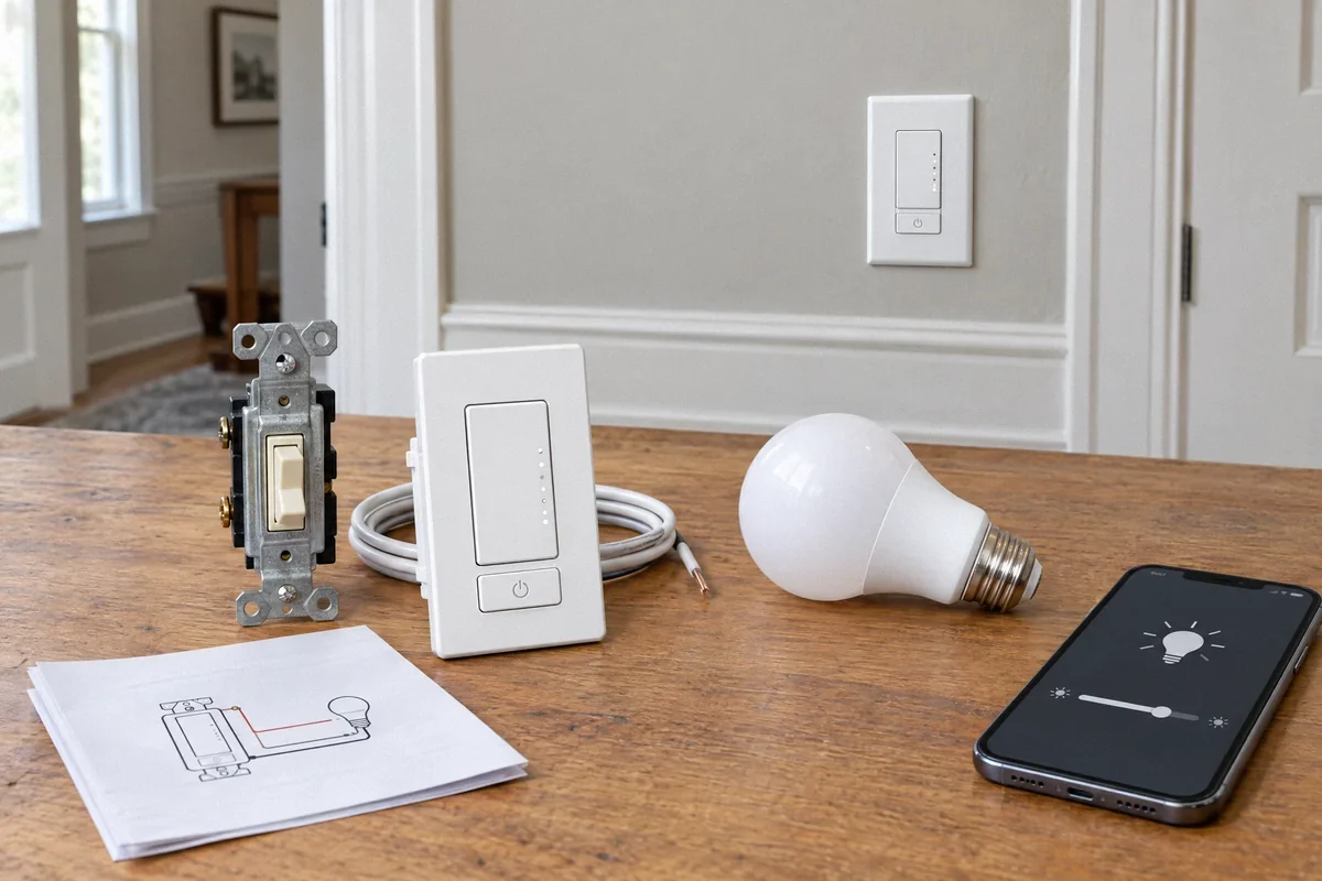 Illustration of a smart dimmer, older toggle switch, LED bulb, and local lighting controls