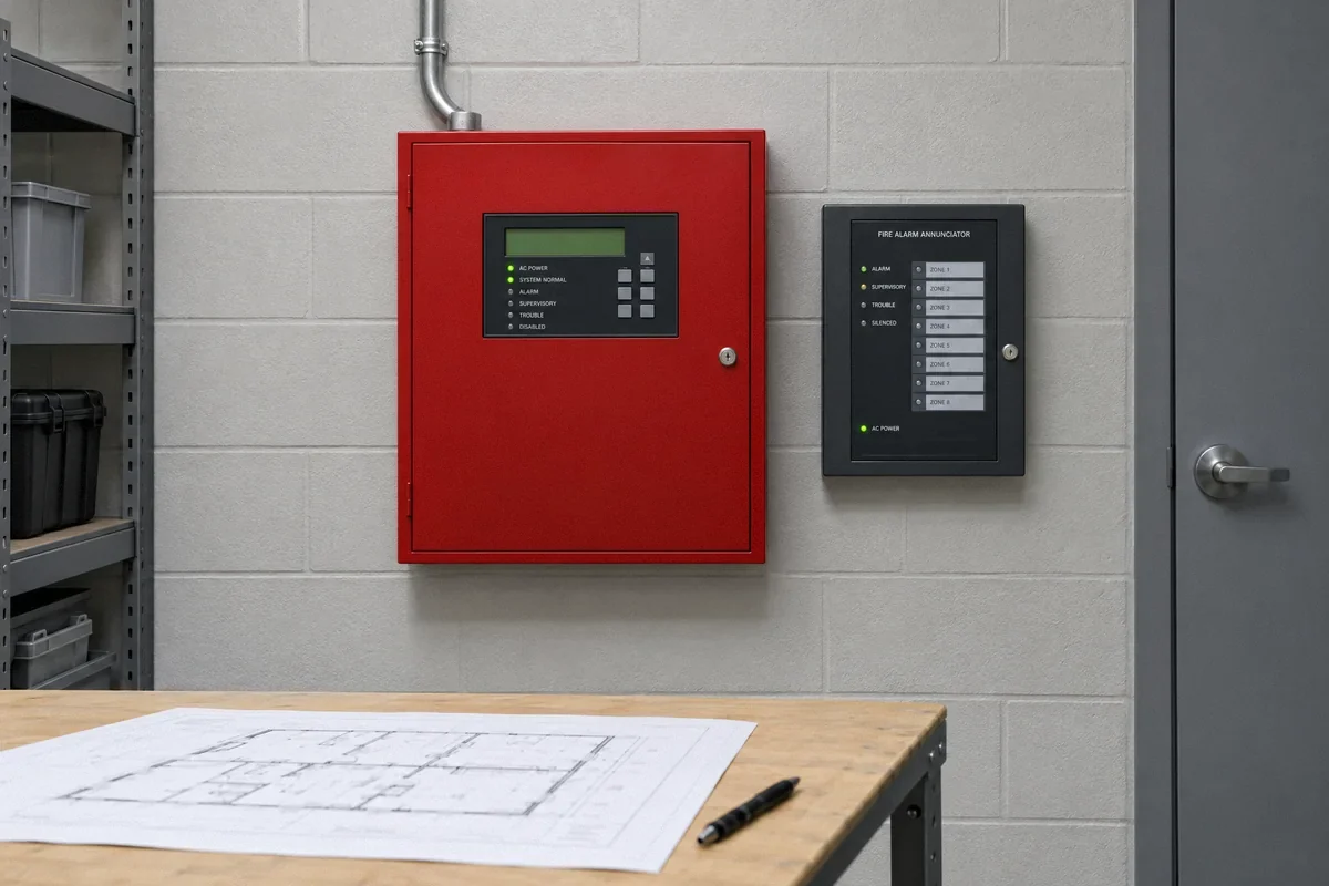 Illustration of a commercial fire alarm cabinet and a floor plan for electrical coordination
