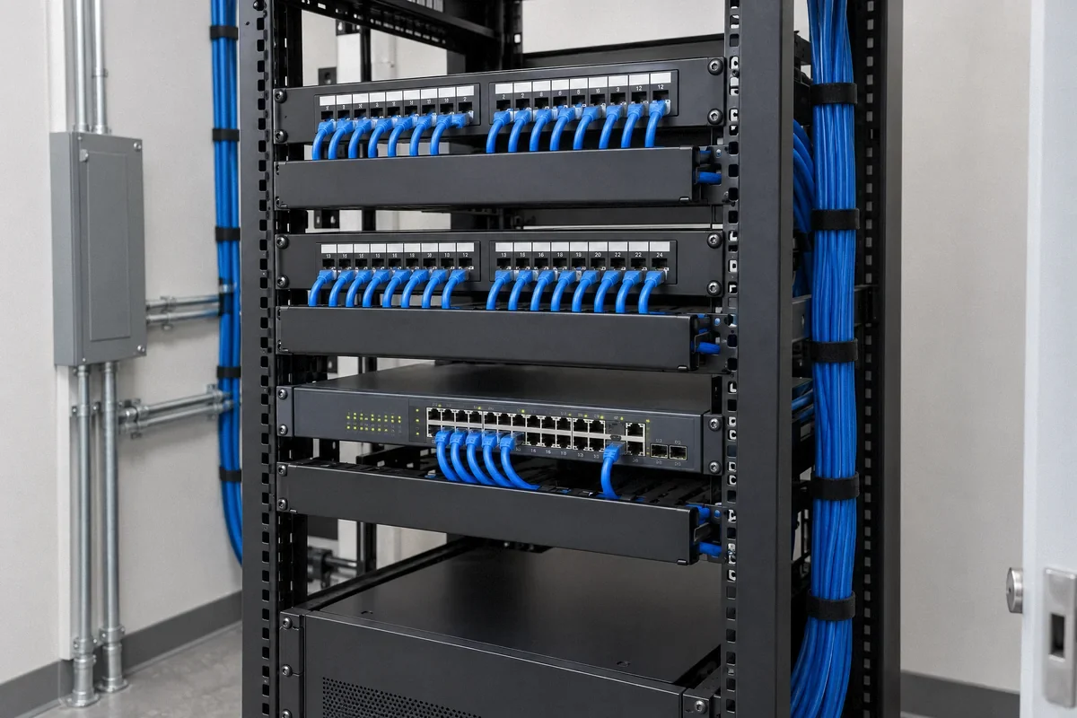 Illustration of network patch panels and organized Ethernet cabling in an office rack