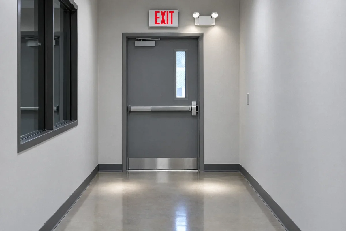 Illustration of an exit sign and two-head emergency light above a commercial exit