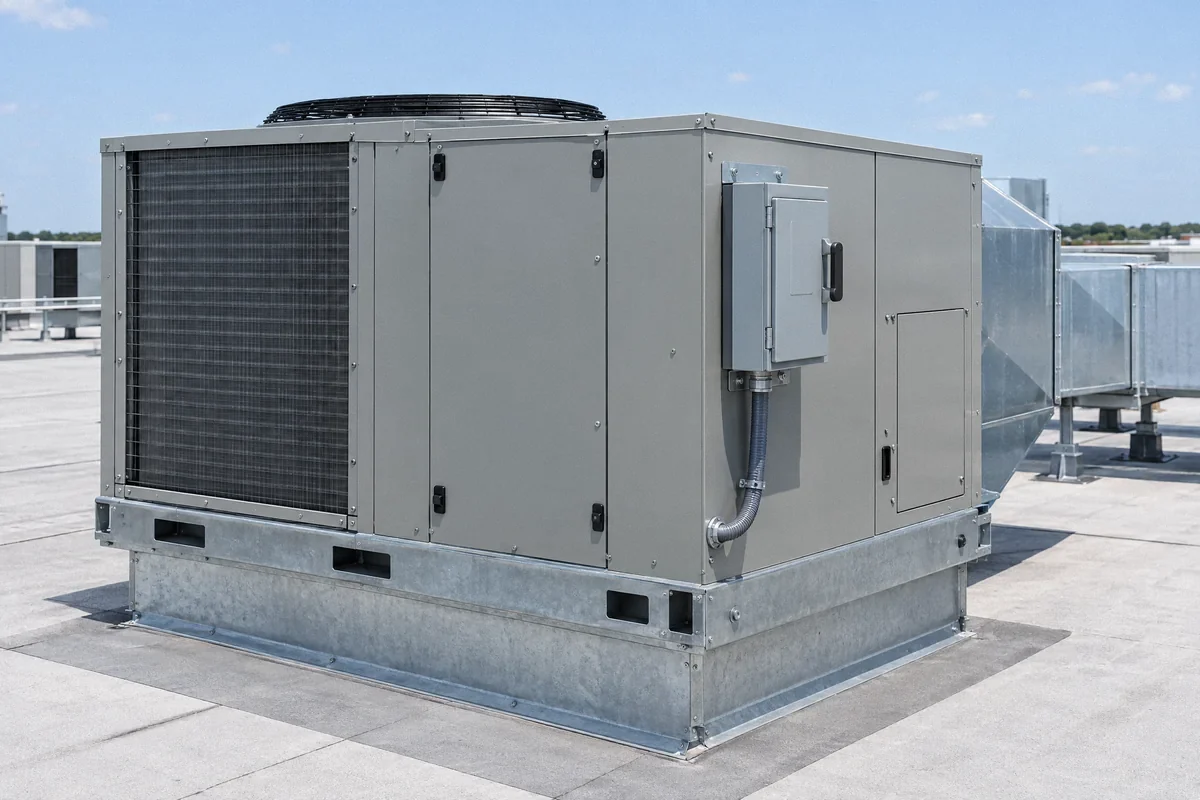 Illustration of a commercial rooftop HVAC unit with a disconnect and protected power connection