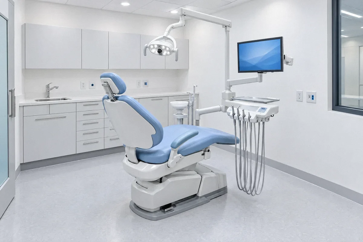 Illustration of a dental suite with a treatment chair, examination light, and equipment connections