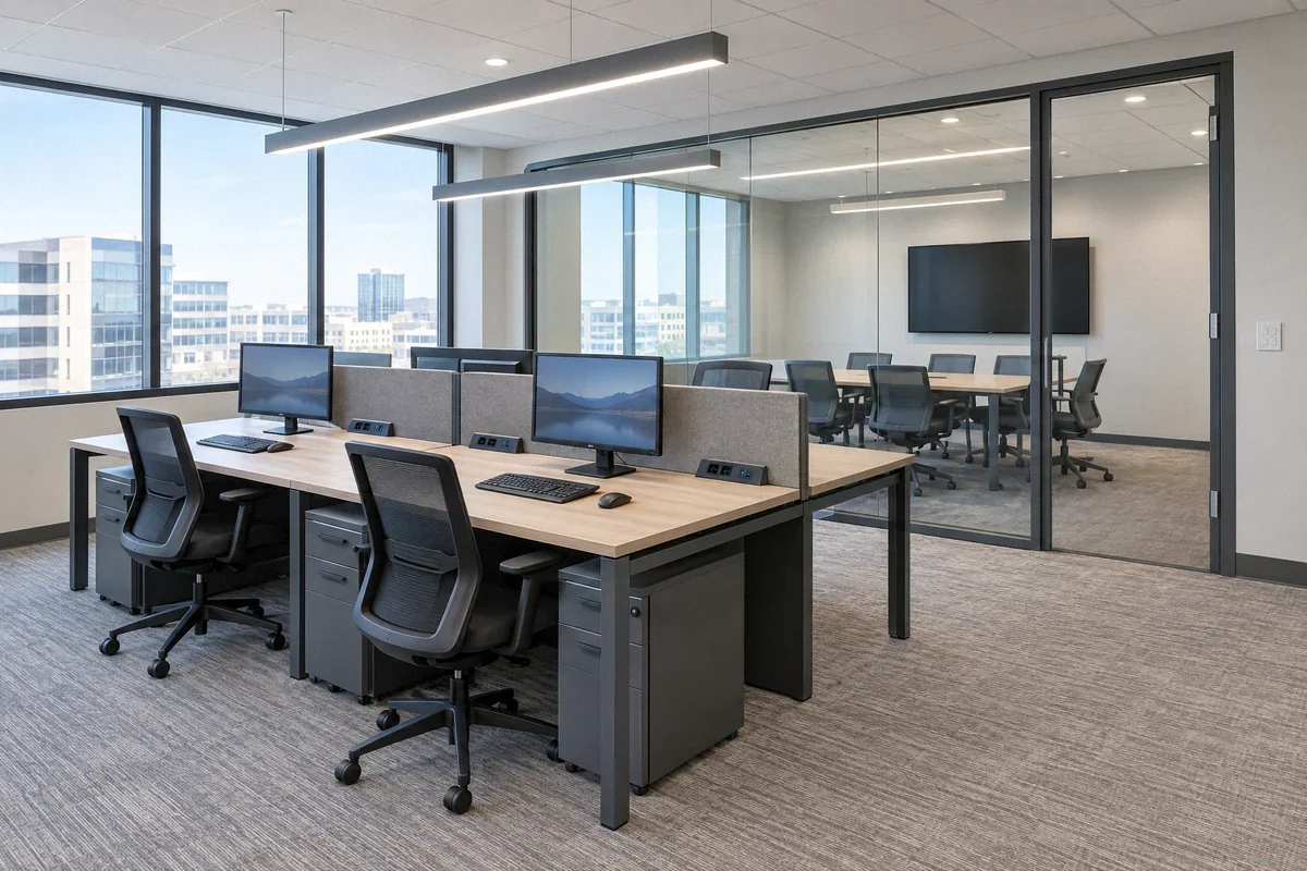 Illustration of office workstations with desk power, LED lighting, and a glass meeting room