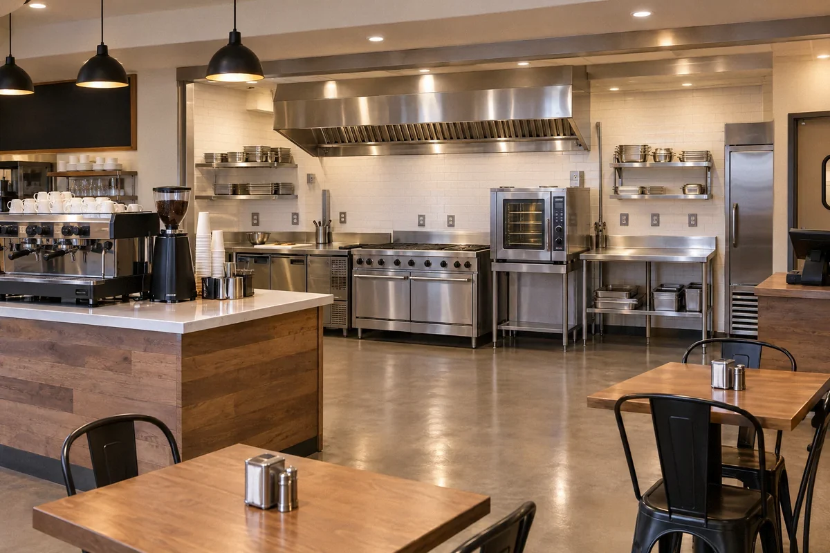 Illustration of a cafe with a commercial kitchen, cooking equipment, and an exhaust hood