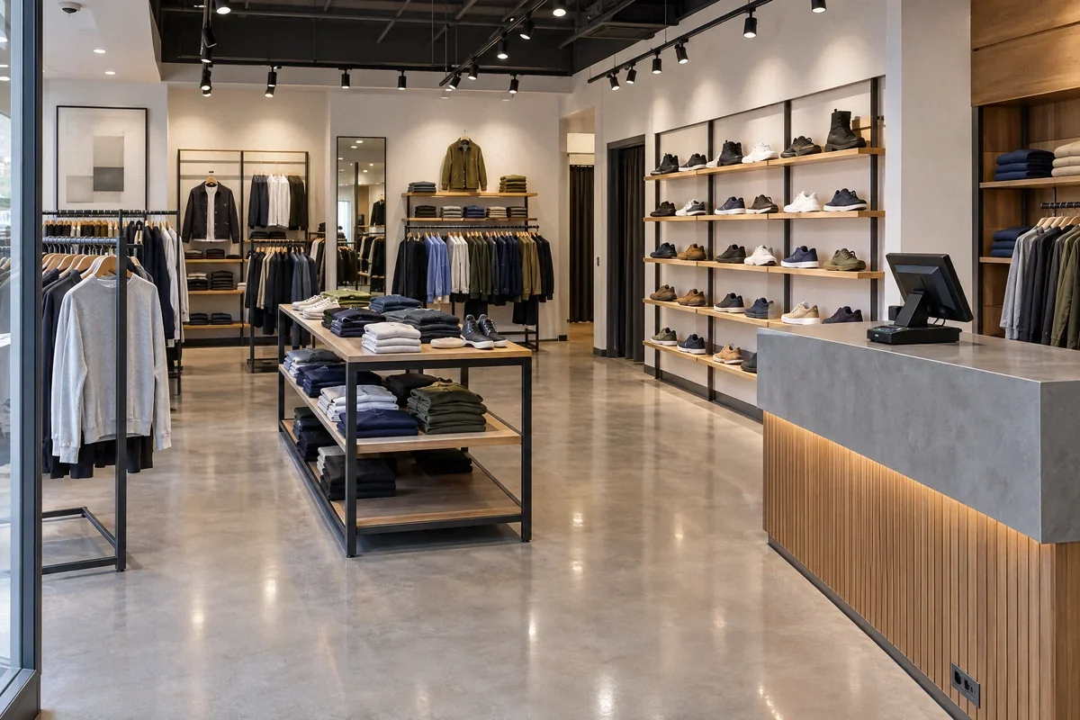 Illustration of a retail store with merchandise lighting and a powered checkout counter
