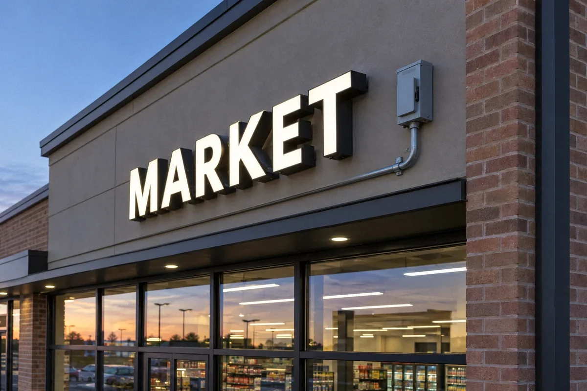 Illustration of an illuminated storefront sign with enclosed electrical supply and disconnect
