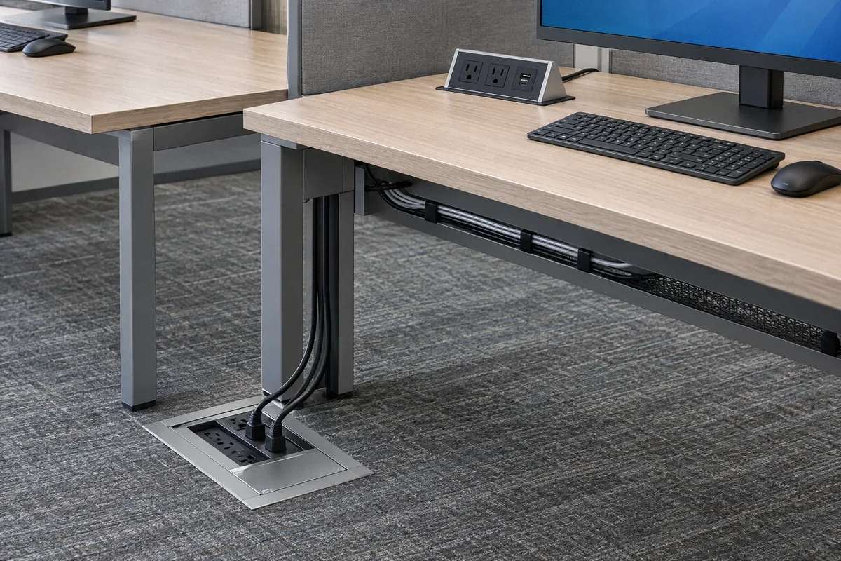 Illustration of office workstation outlets, a floor service box, and organized desk power
