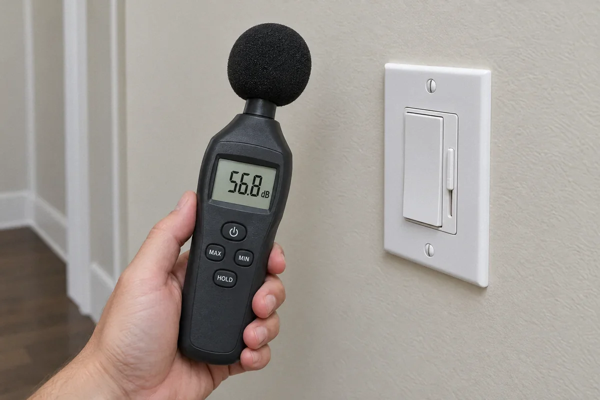 Illustration of a sound level meter held near a wall dimmer