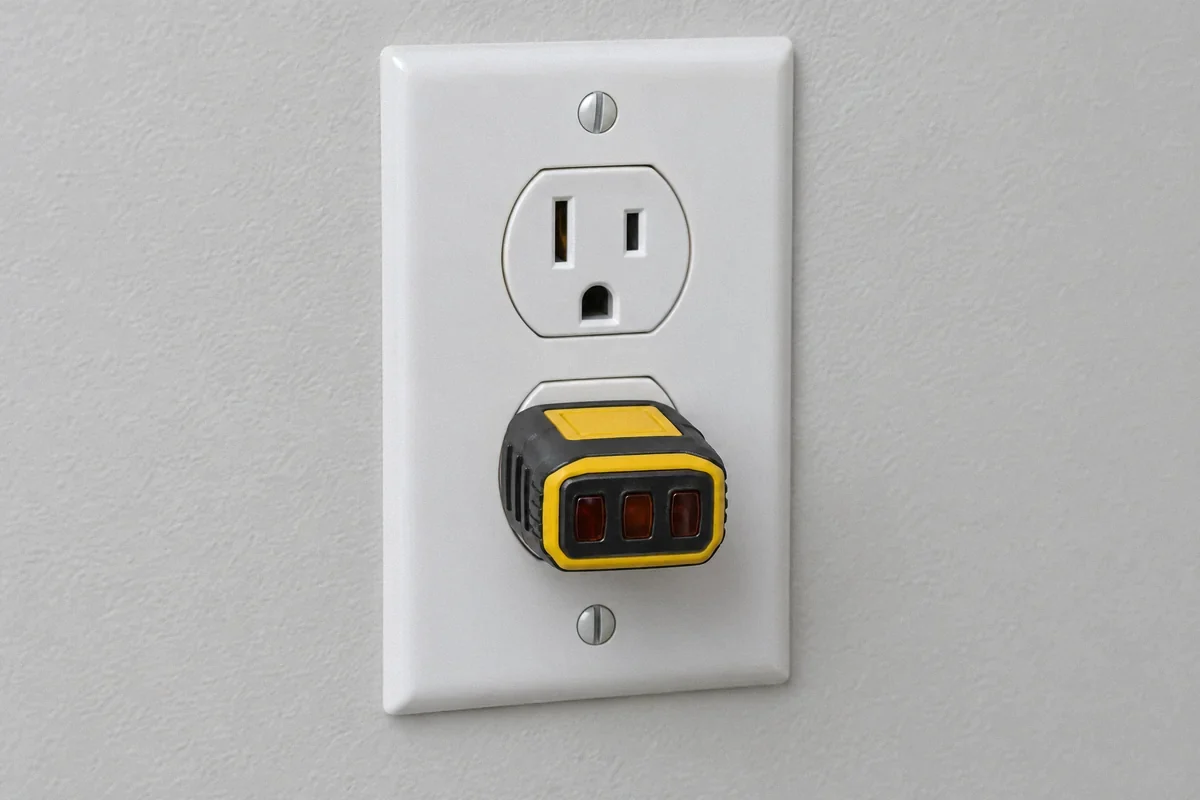 Illustration of a plug-in outlet tester with unlit indicators at a wall receptacle