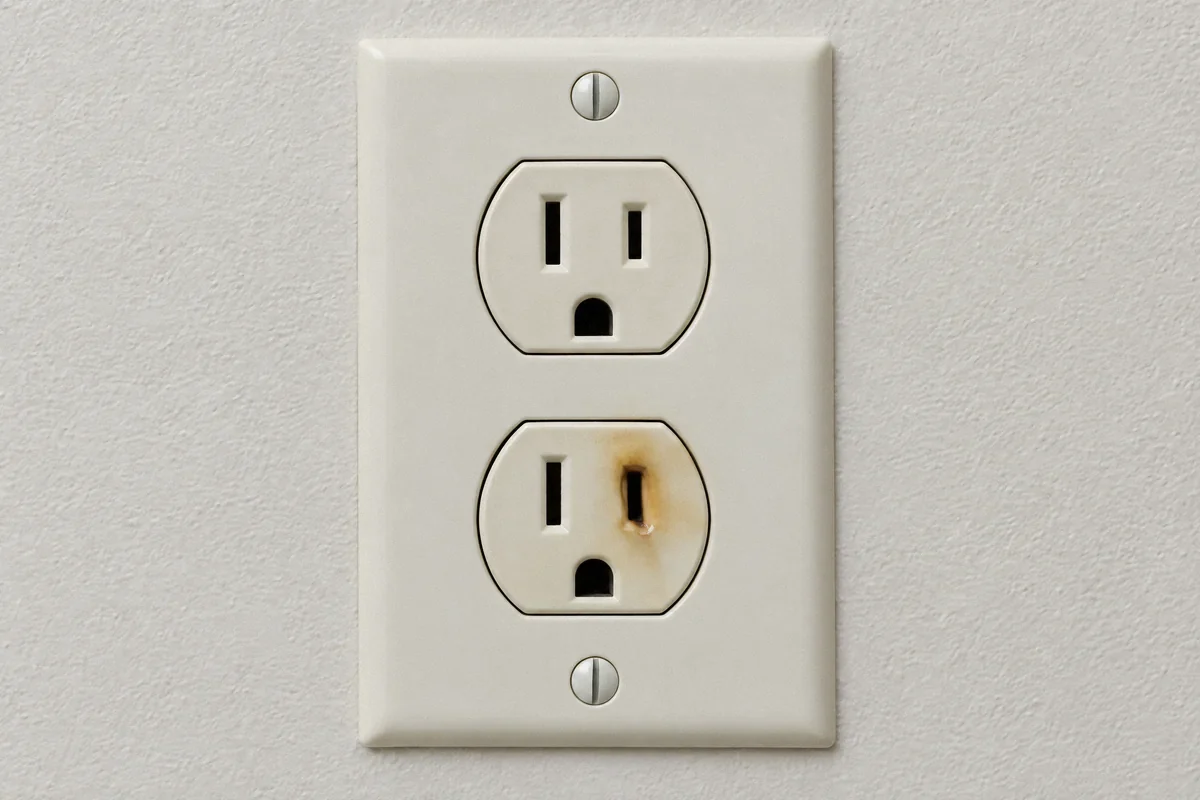 Illustration of an unplugged wall outlet with localized heat discoloration