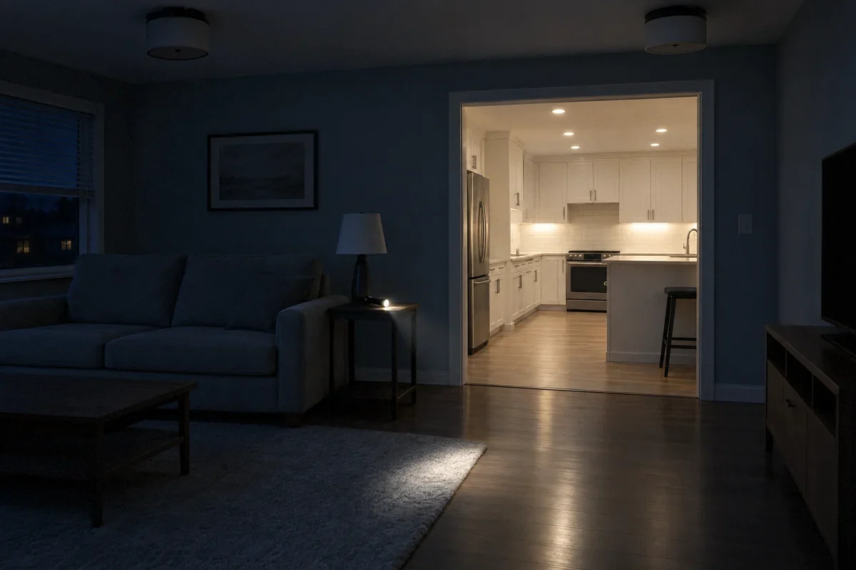 Illustration of a dark living room beside a kitchen with working lights