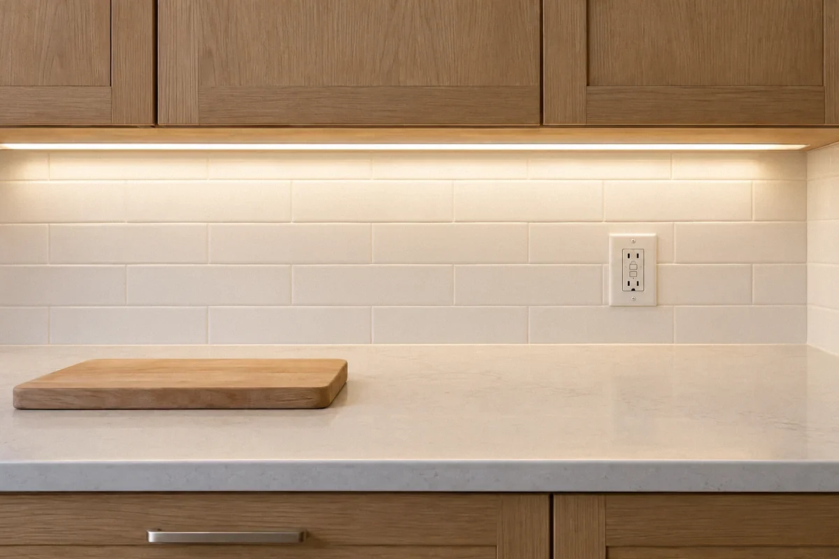 Illustration of an LED strip lighting a clear kitchen work surface beneath upper cabinets