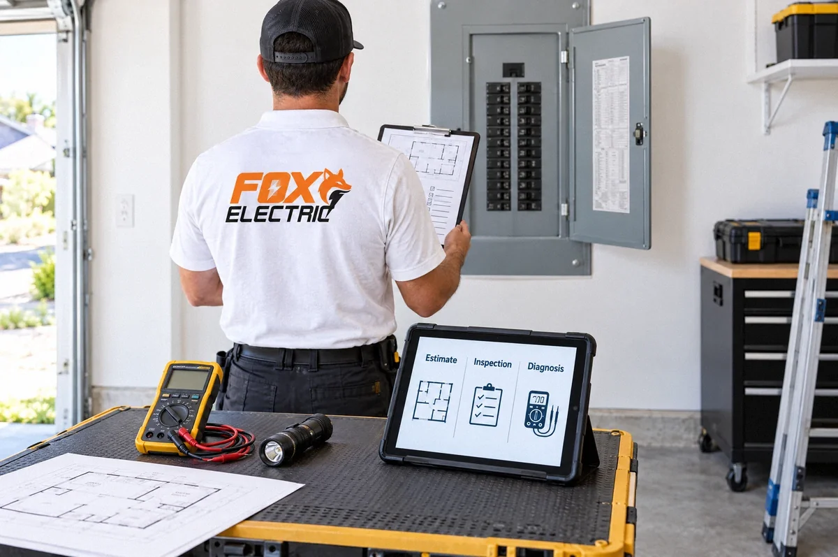Illustration of a Fox Electric technician with planning documents, inspection checklist, and diagnostic instruments