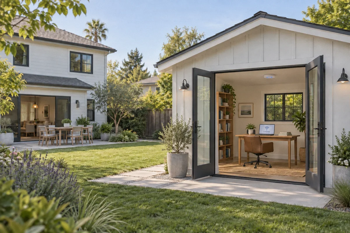 Illustration of a detached backyard office with a connected laptop, separate from the main house