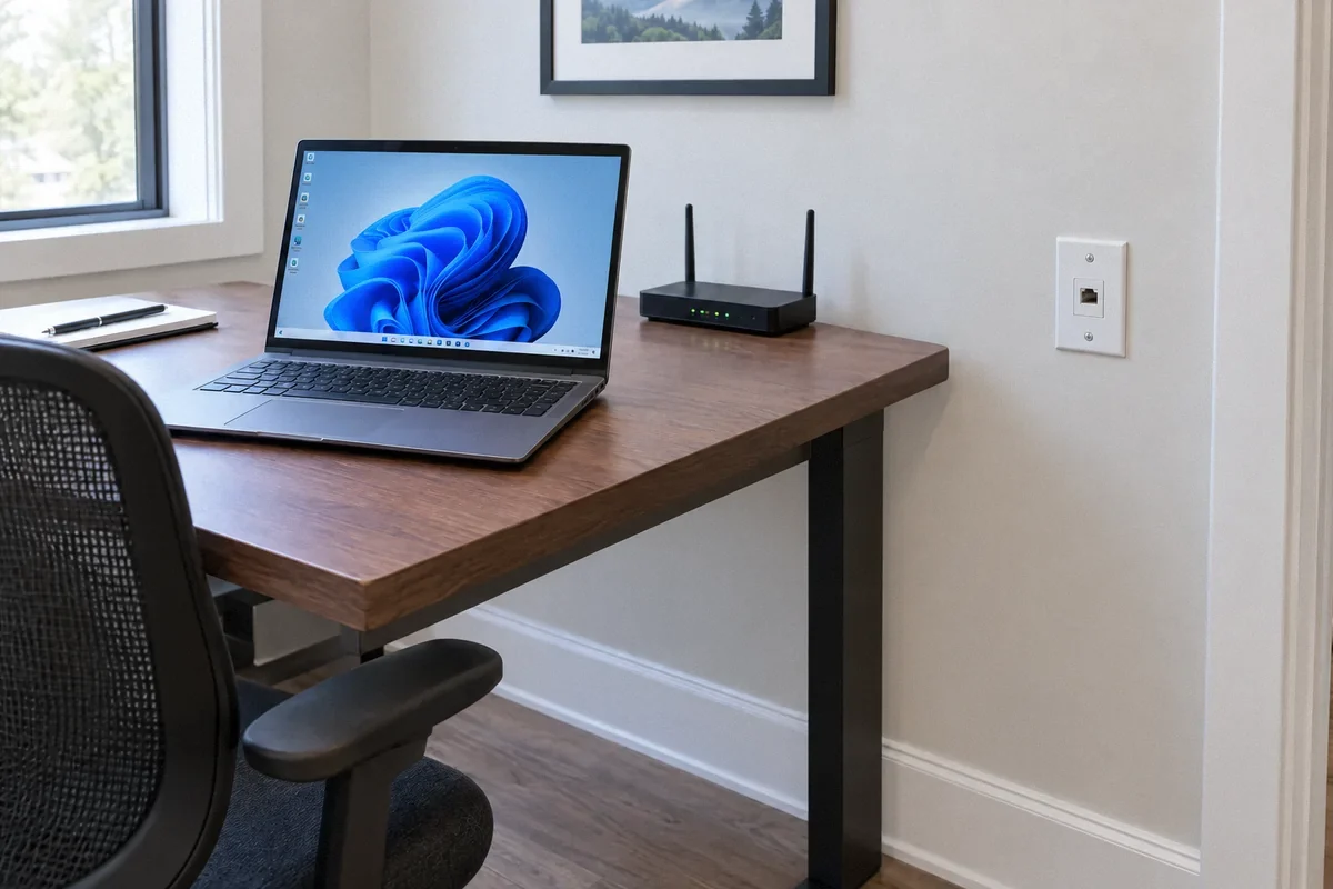Illustration of a home-office laptop and wireless router with no visible cables